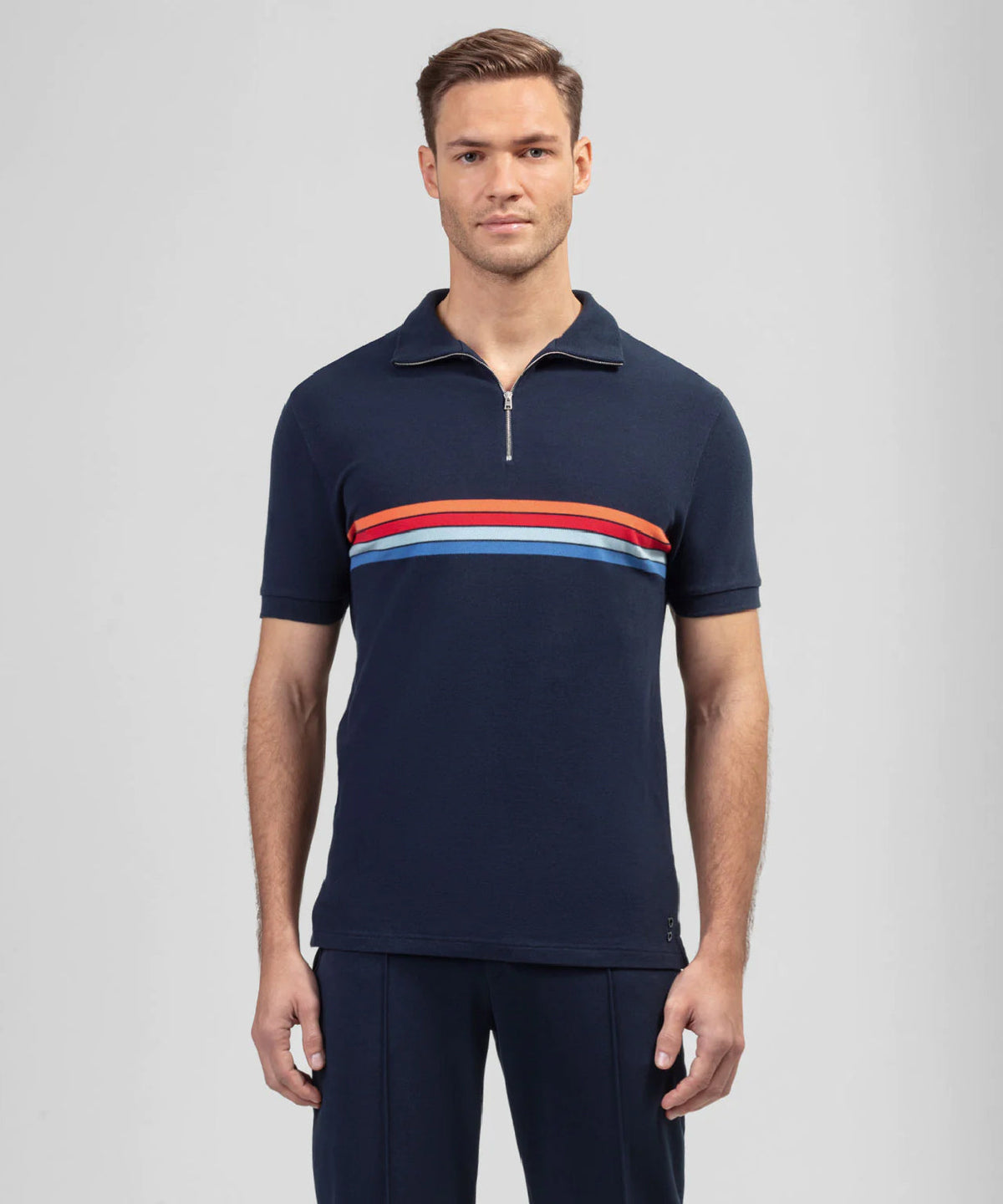 Cotton Piqué RD Polo w Stripes: Navy