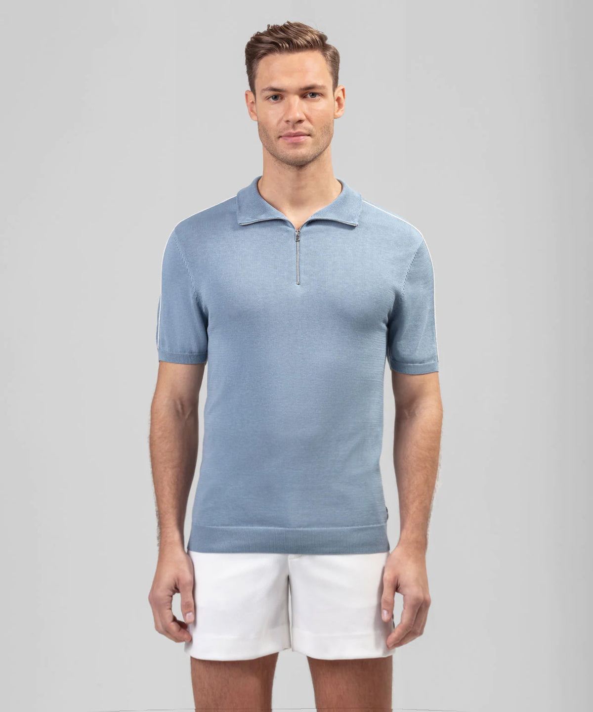 Cotton Silk RD Polo w Piping: Dusty Blue