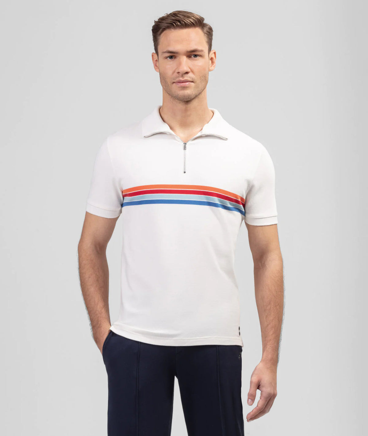 Cotton Piqué RD Polo w Stripes: Off White