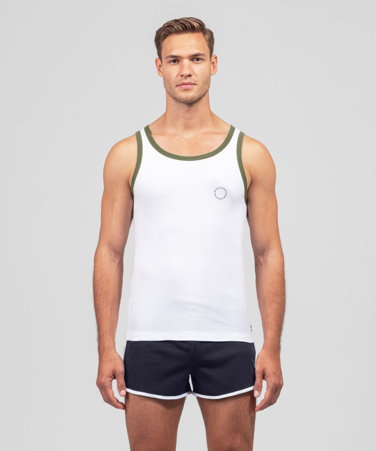 Ribbed Sports Tank Top: Olive Green / White