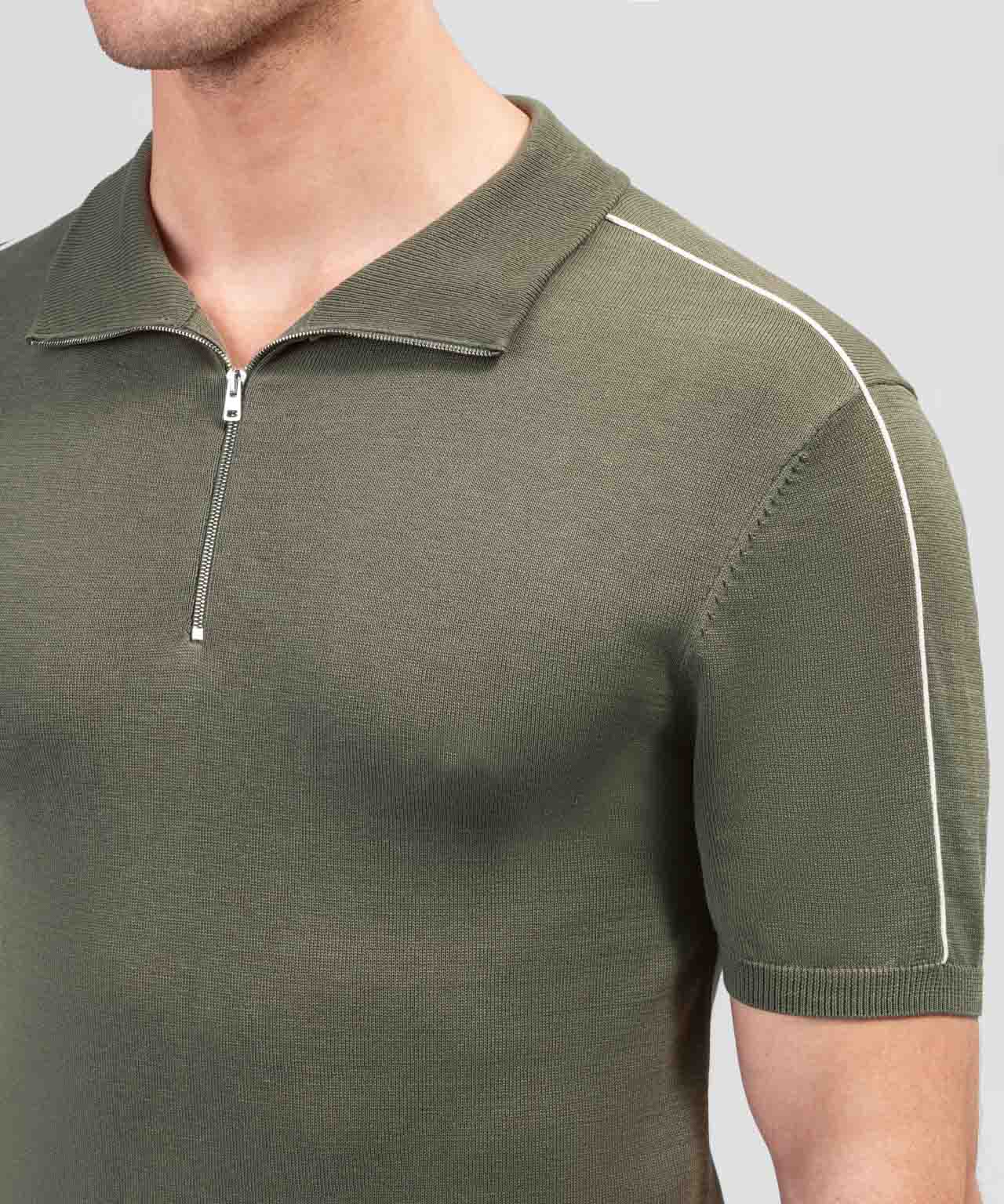 Cotton Silk RD Polo w Piping: Olive Green