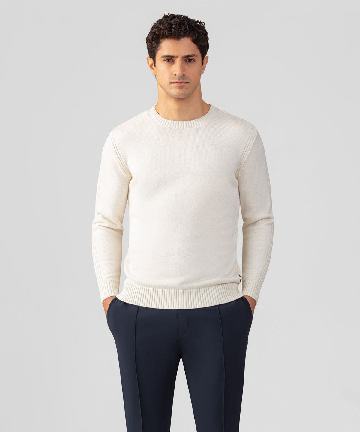 Cotton-Wool Navy Sweater w. Side Rib: Off White