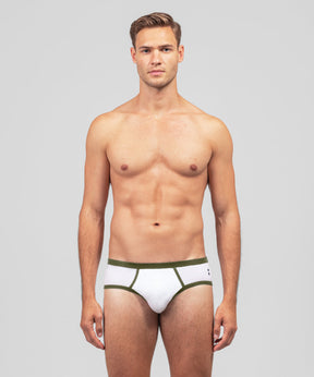 Y-Front Sports Briefs: Olive Green / White